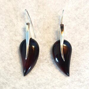 2’’ Elegant Vintage 1980s Cherry Baltic Amber & Sterling Silver Leaf Earrings
